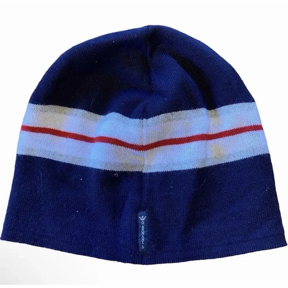 Armani Junior Baby Boys Wool Blend Beanie Hat Blue Italy Medallion Logo